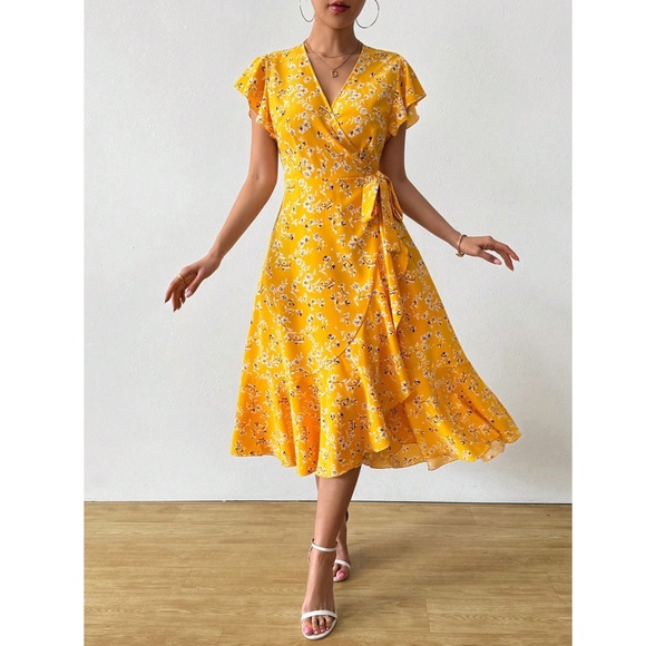 Boho Yellow Floral V neck Ruffle Midi Dress Wrap Style Short Butterfly Sleeve - Picture 3 of 10